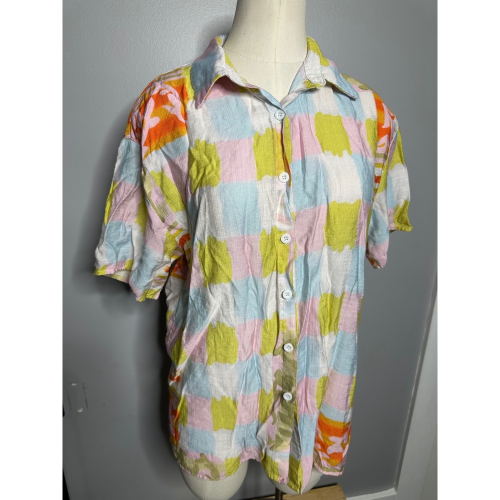 PrettyGarden Womens Pastel Abstract Tropical Print Button Down Shirt Small Multi